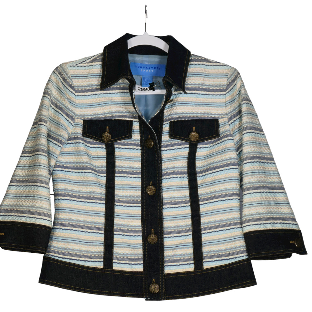 Doncaster Sport Blue Multi Jacket Womens 4 Blazer Silk Ribbon Detail Denim Trim